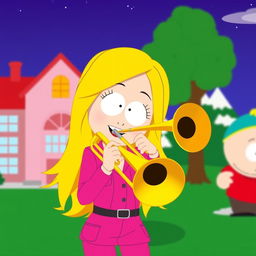 A vibrant and animated illustration of Heidi Turner from South Park, showcasing her playing a trombone with great enthusiasm