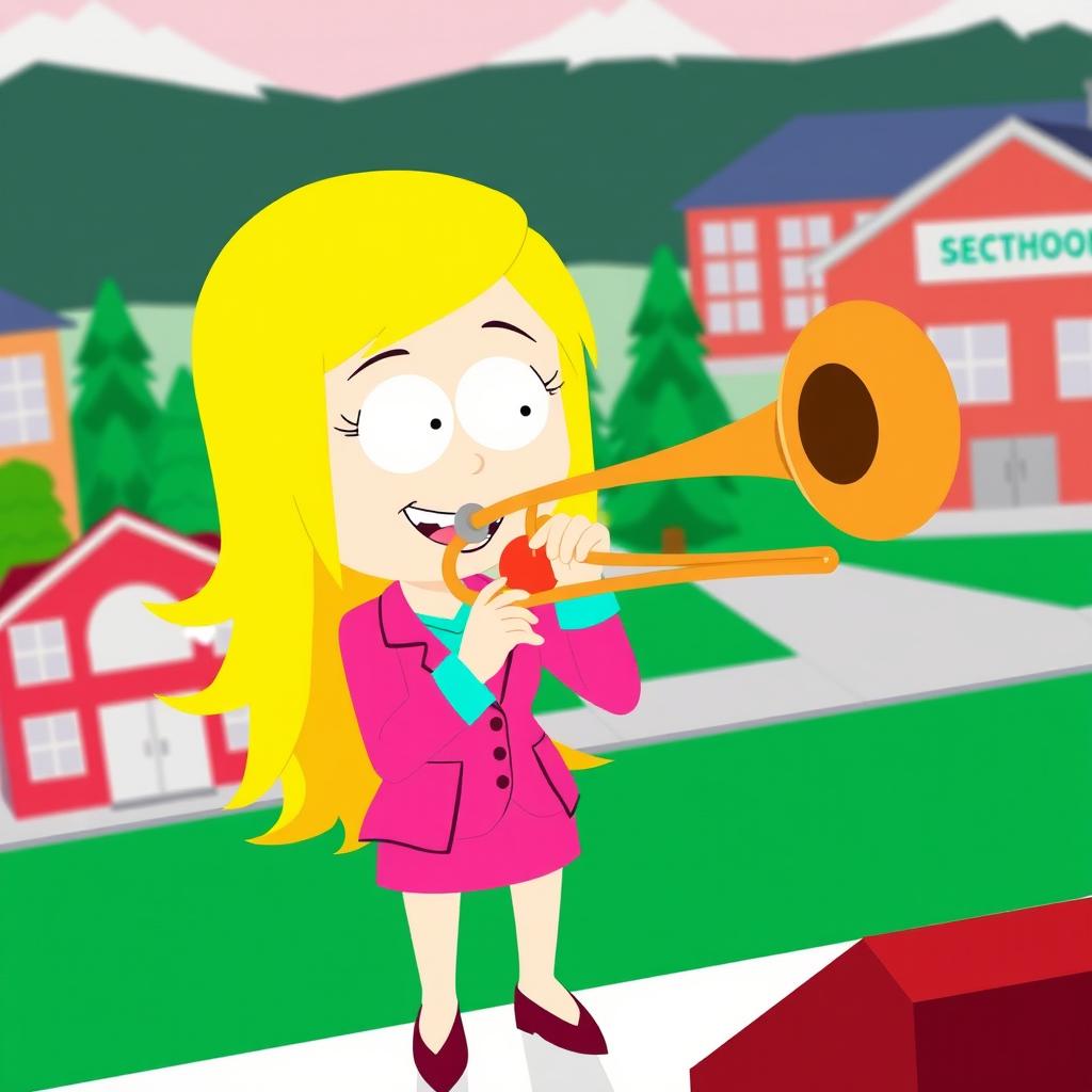 A vibrant and animated illustration of Heidi Turner from South Park, showcasing her playing a trombone with great enthusiasm