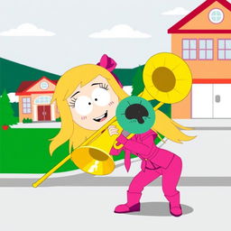 A vibrant and animated illustration of Heidi Turner from South Park, showcasing her playing a trombone with great enthusiasm