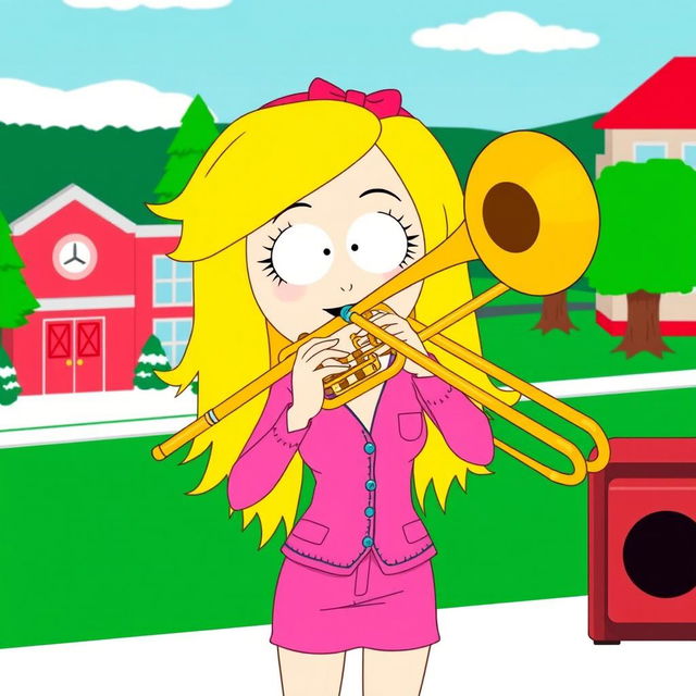 A vibrant and animated illustration of Heidi Turner from South Park, showcasing her playing a trombone with great enthusiasm