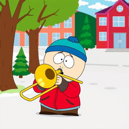 A humorous and vibrant illustration of Eric Cartman from South Park, enthusiastically playing a trombone