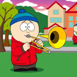 A humorous and vibrant illustration of Eric Cartman from South Park, enthusiastically playing a trombone