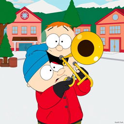 A humorous and vibrant illustration of Eric Cartman from South Park, enthusiastically playing a trombone