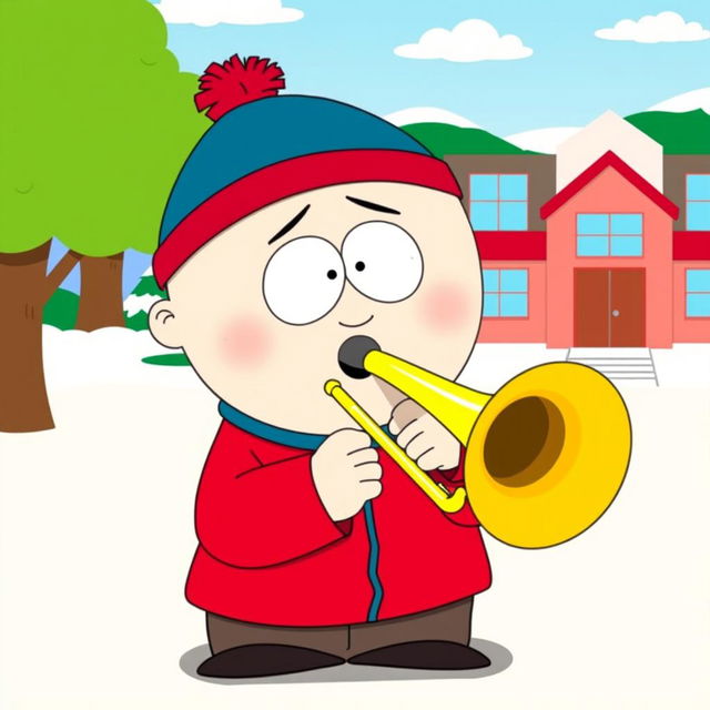 A humorous and vibrant illustration of Eric Cartman from South Park, enthusiastically playing a trombone