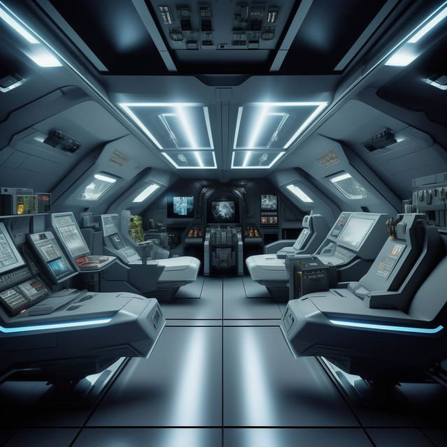 interior of rear cabin of futuristic jet fighter with interceptor devices, having two seats and seen through transparent divider to front cabin