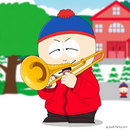 A comedic and vibrant illustration of Eric Cartman from South Park, passionately playing a trombone