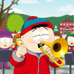 A comedic and vibrant illustration of Eric Cartman from South Park, passionately playing a trombone