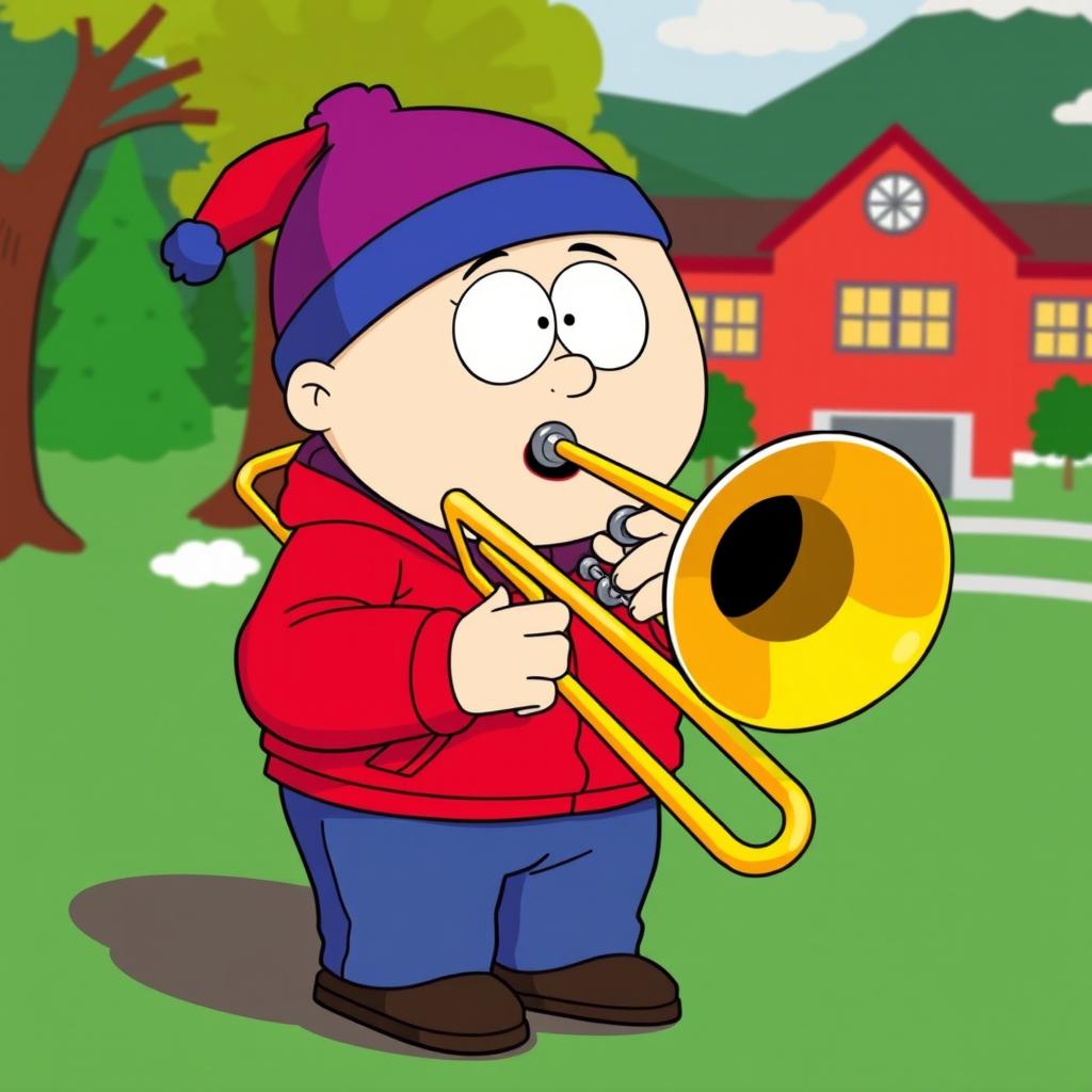 A comedic and vibrant illustration of Eric Cartman from South Park, passionately playing a trombone