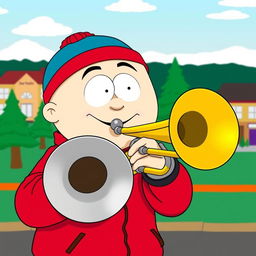A comedic and vibrant illustration of Eric Cartman from South Park, passionately playing a trombone