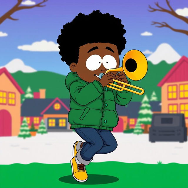 A lively and colorful illustration of Token Black from South Park, energetically playing a trombone