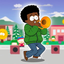 A lively and colorful illustration of Token Black from South Park, energetically playing a trombone