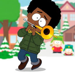 A lively and colorful illustration of Token Black from South Park, energetically playing a trombone