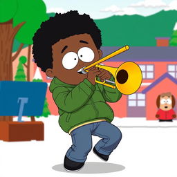 A lively and colorful illustration of Token Black from South Park, energetically playing a trombone