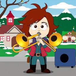 A colorful and lively illustration of Nichole from South Park, confidently playing a trombone