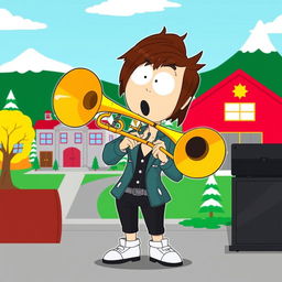 A colorful and lively illustration of Nichole from South Park, confidently playing a trombone