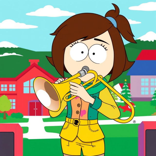 A colorful and lively illustration of Nichole from South Park, confidently playing a trombone