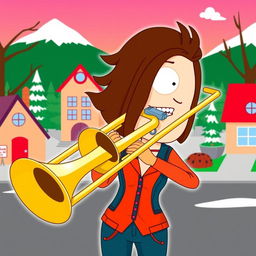 A colorful and lively illustration of Nichole from South Park, confidently playing a trombone