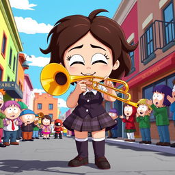 A character resembling Rebecca from a cartoon inspired by South Park, enthusiastically playing the trombone