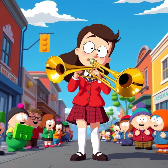 A character resembling Rebecca from a cartoon inspired by South Park, enthusiastically playing the trombone