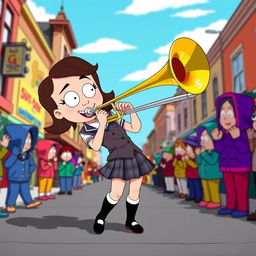 A character resembling Rebecca from a cartoon inspired by South Park, enthusiastically playing the trombone