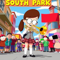 A character resembling Rebecca from a cartoon inspired by South Park, enthusiastically playing the trombone