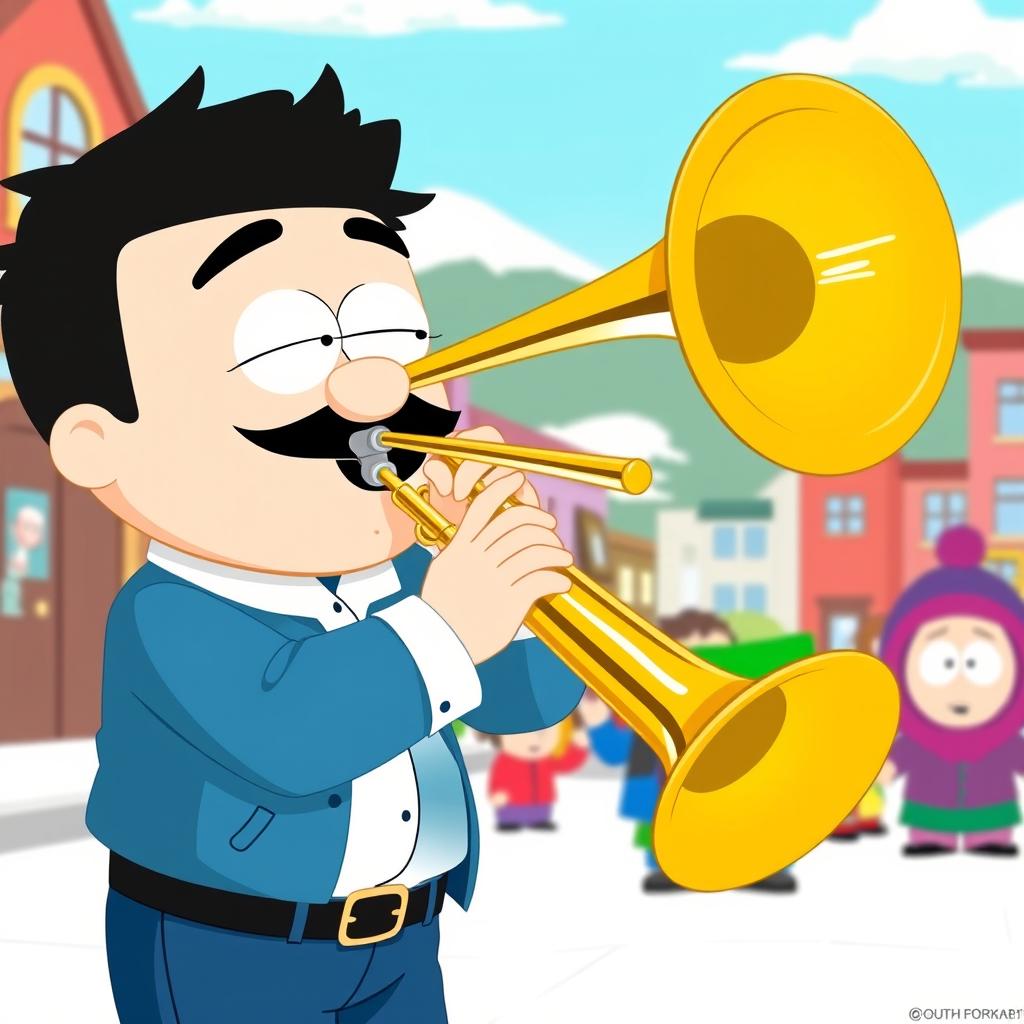 A cartoon character in the distinctive style of South Park, playing a trombone energetically