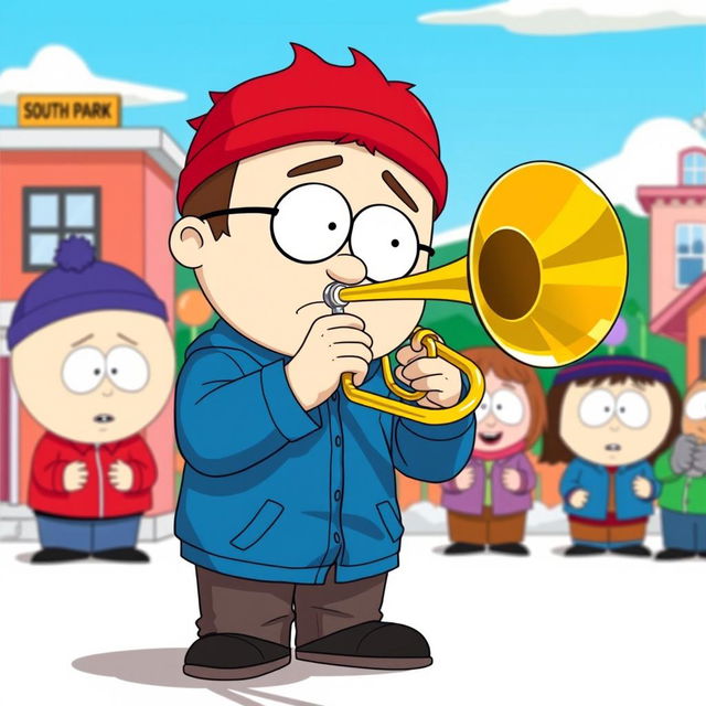 A cartoon character in the distinctive style of South Park, playing a trombone energetically