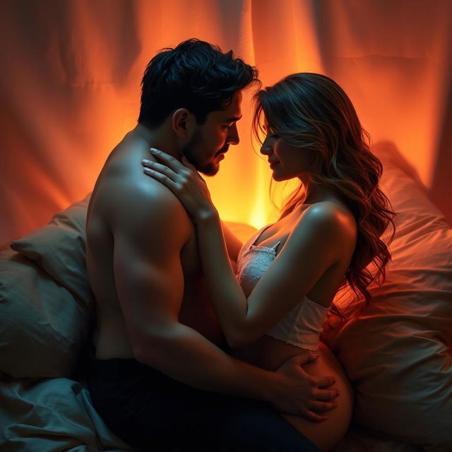 A sensual and intimate scene featuring a couple in a cozy setting, soft lighting creates a warm atmosphere, the couple is depicted in a moment of connection and passion, showcasing affection and romantic energy, their bodies slightly entwined, with focus on their expressions and the emotional bond they share