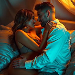 A sensual and intimate scene featuring a couple in a cozy setting, soft lighting creates a warm atmosphere, the couple is depicted in a moment of connection and passion, showcasing affection and romantic energy, their bodies slightly entwined, with focus on their expressions and the emotional bond they share