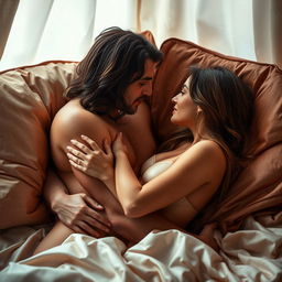 A sensual and intimate scene featuring a couple in a cozy setting, soft lighting creates a warm atmosphere, the couple is depicted in a moment of connection and passion, showcasing affection and romantic energy, their bodies slightly entwined, with focus on their expressions and the emotional bond they share