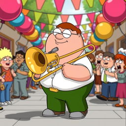 A cartoon character resembling Peter Griffin, from Family Guy, joyfully playing a trombone