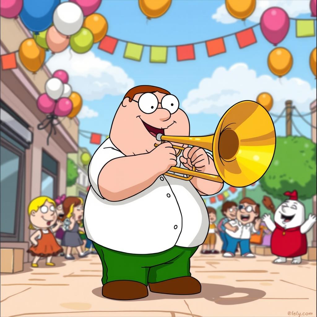 A cartoon character resembling Peter Griffin, from Family Guy, joyfully playing a trombone