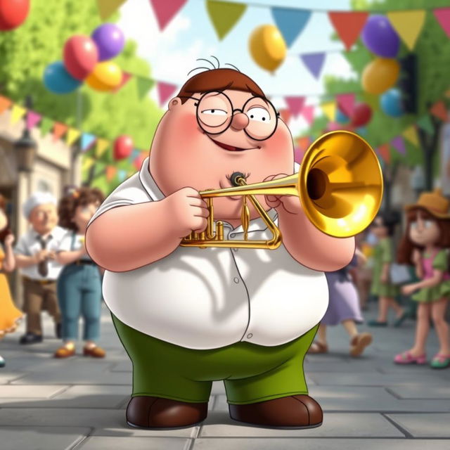 A cartoon character resembling Peter Griffin, from Family Guy, joyfully playing a trombone