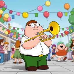 A cartoon character resembling Peter Griffin, from Family Guy, joyfully playing a trombone