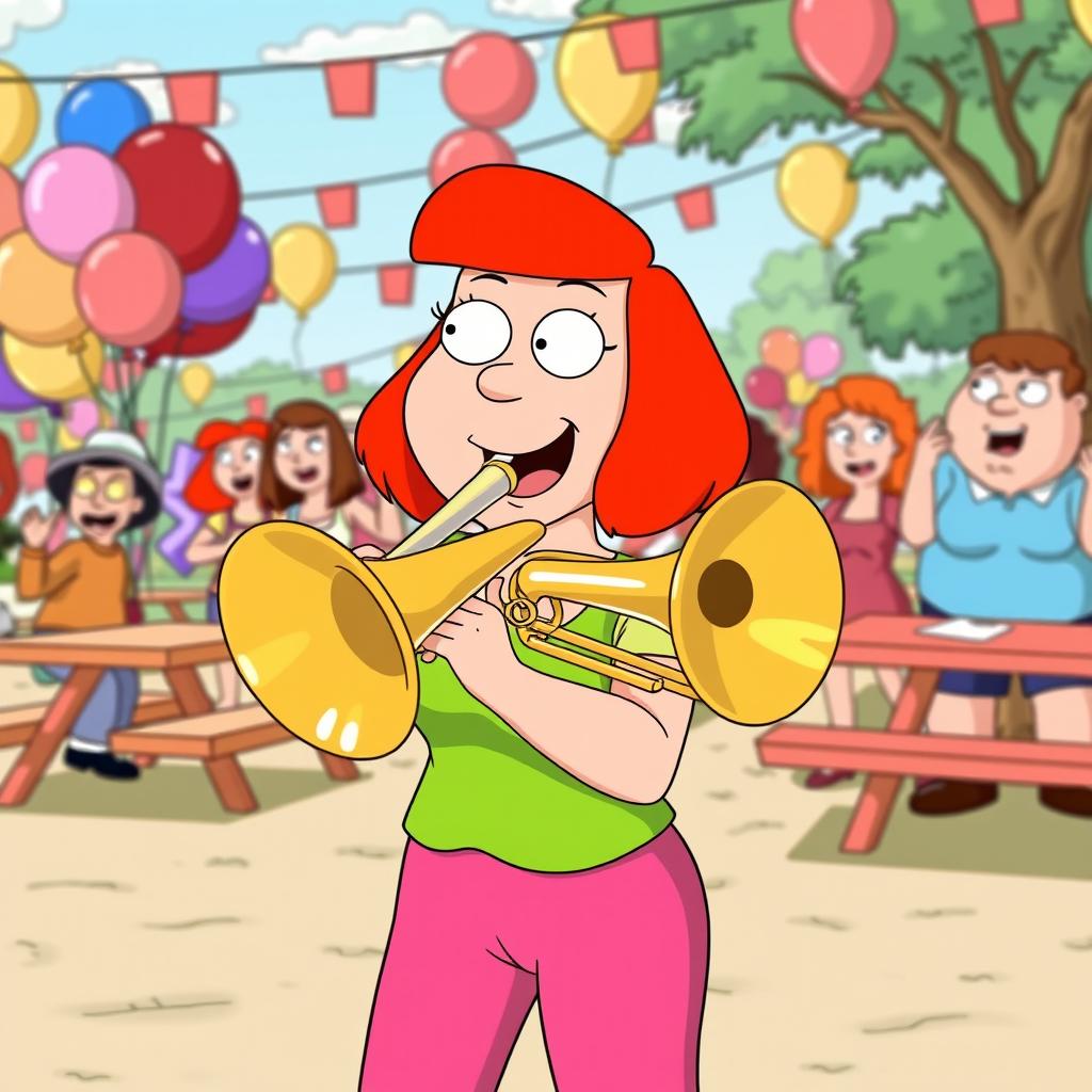 A cartoon character resembling Lois Griffin from Family Guy, enthusiastically playing a trombone