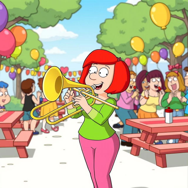 A cartoon character resembling Lois Griffin from Family Guy, enthusiastically playing a trombone