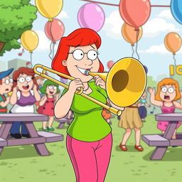 A cartoon character resembling Lois Griffin from Family Guy, enthusiastically playing a trombone