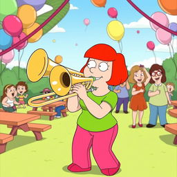 A cartoon character resembling Lois Griffin from Family Guy, enthusiastically playing a trombone
