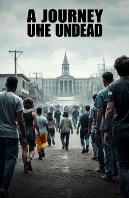 A group of diverse people walking away from the camera down a desolate street towards a laboratory in the distance, surrounded by a horde of ominous zombies