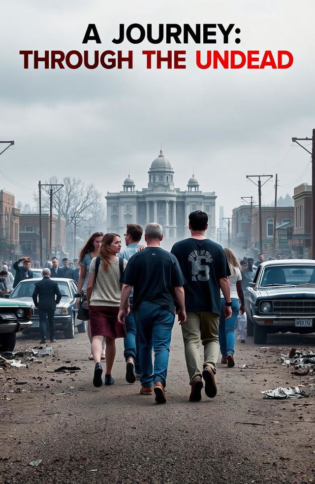 A group of diverse people walking away from the camera down a desolate street towards a laboratory in the distance, surrounded by a horde of ominous zombies