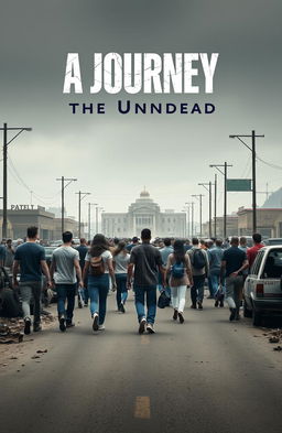 A group of diverse people walking away from the camera down a desolate street towards a laboratory in the distance, surrounded by a horde of ominous zombies
