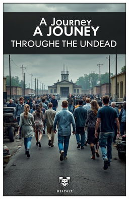 A group of diverse people walking away from the camera down a desolate street towards a laboratory in the distance, surrounded by a horde of ominous zombies