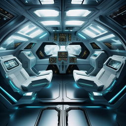 aerial view into interior of transparent double-cabin futuristic jet fighter with interceptor devices, having two seats in each cabin