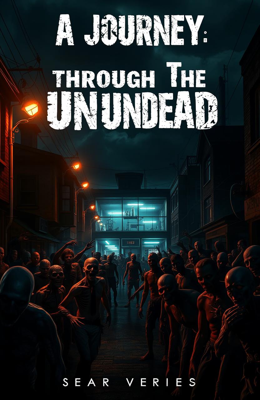 A dark, eerie street overrun with zombies, showing various types of undead creatures in grotesque poses