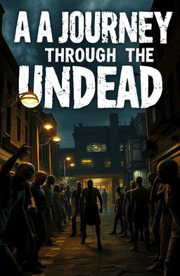 A dark, eerie street overrun with zombies, showing various types of undead creatures in grotesque poses