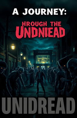 A dark, eerie street overrun with zombies, showing various types of undead creatures in grotesque poses