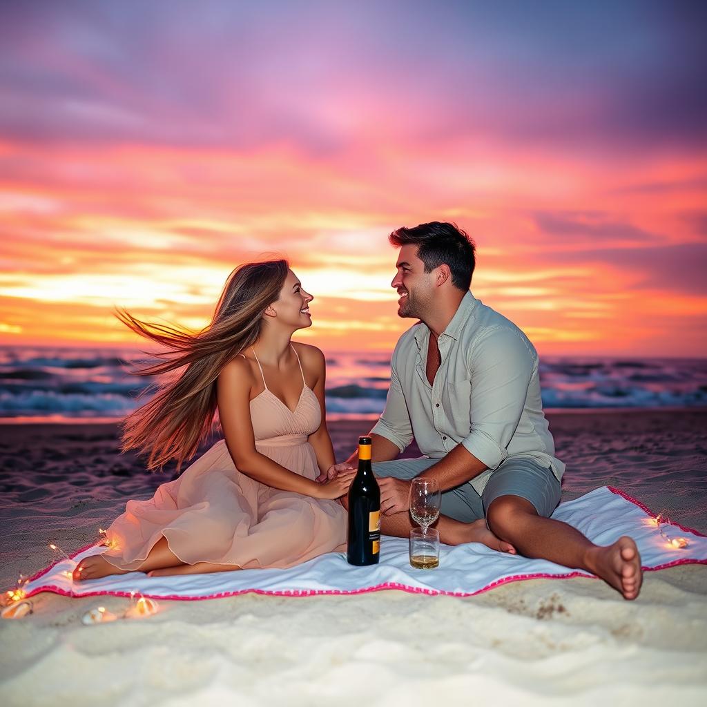 A picturesque sunset scene at the beach, where a couple is sitting closely on a blanket, sharing a picnic