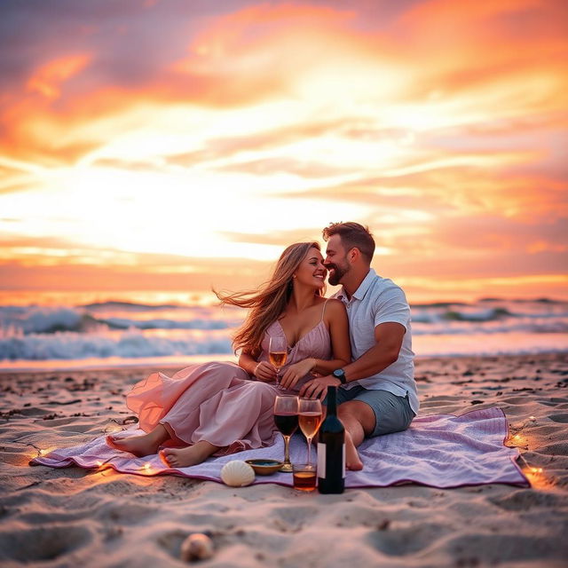 A picturesque sunset scene at the beach, where a couple is sitting closely on a blanket, sharing a picnic