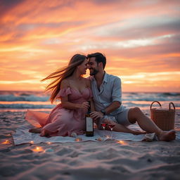 A picturesque sunset scene at the beach, where a couple is sitting closely on a blanket, sharing a picnic