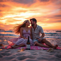 A picturesque sunset scene at the beach, where a couple is sitting closely on a blanket, sharing a picnic